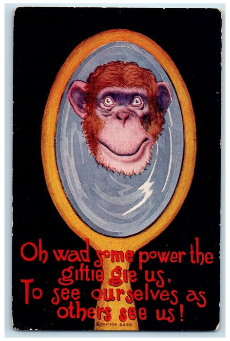 c1910's Monkey Mirror Oh Wad Some Power The Gittie Gie Us Antique Postcard