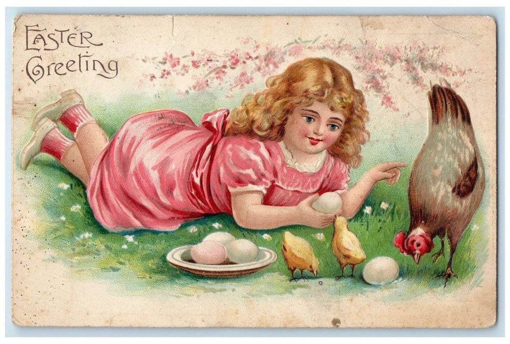 1910 Easter Greeting Little Girl Curly Hair Chicken Hen Chicks Eggs Postcard