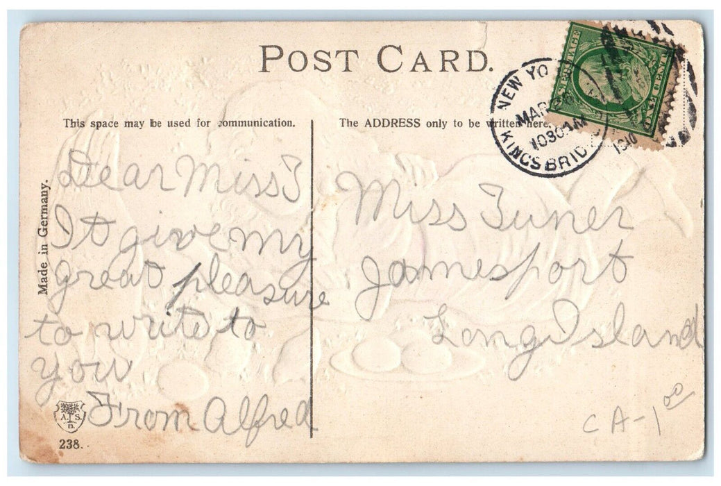 1910 Easter Greeting Little Girl Curly Hair Chicken Hen Chicks Eggs Postcard