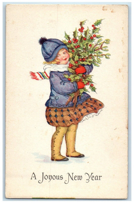 c1910's New Year Little Girl Holding Holly Berries Unposted Antique Postcard