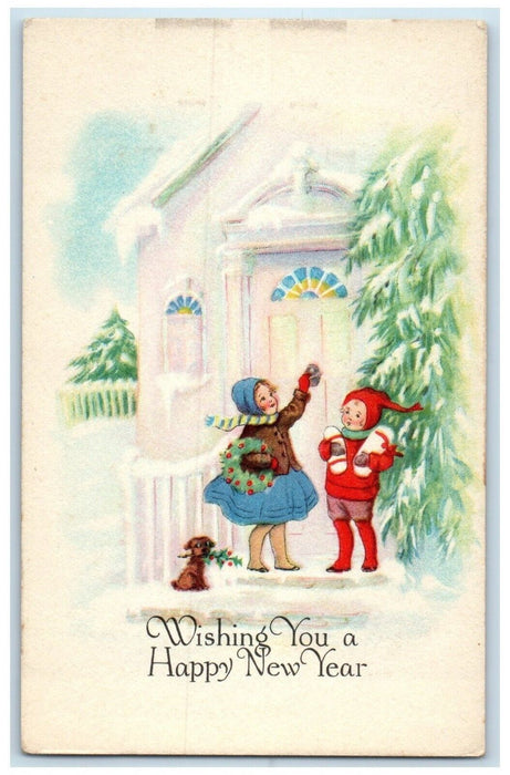 c1910's New Year Children Knocking Door Dog Holly Berries Antique Postcard