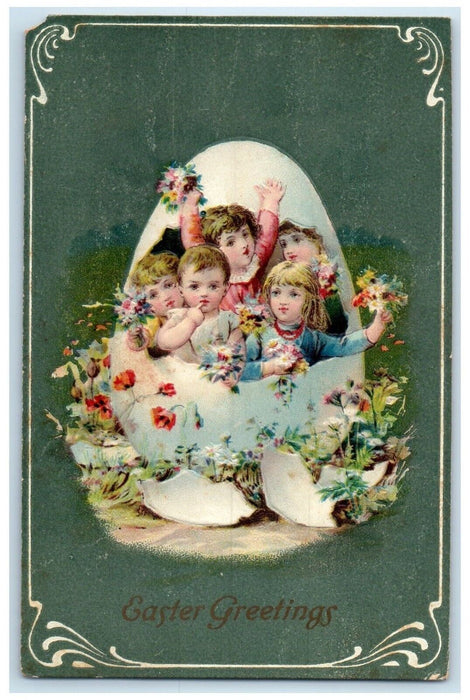 c1910's Easter Greetings Children In Hatched Egg Flowers Embossed Postcard