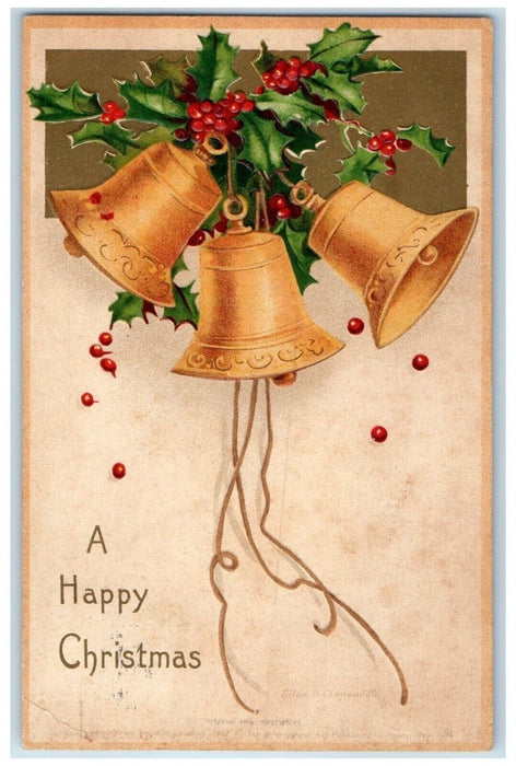 1907 Christmas Holly Berries Ringing Bells Embossed Clapsaddle Antique Postcard