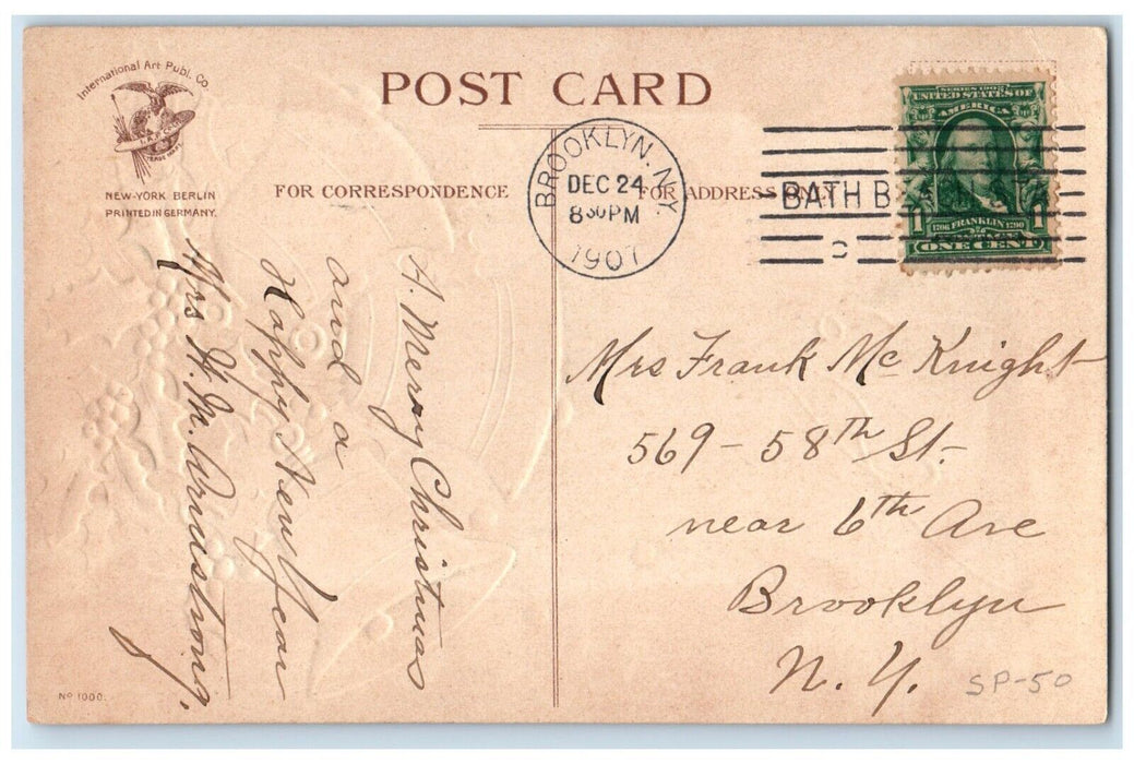 1907 Christmas Holly Berries Ringing Bells Embossed Clapsaddle Antique Postcard