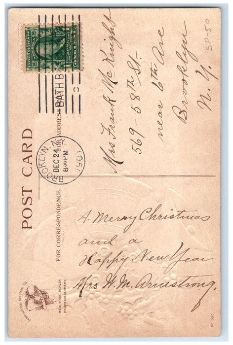 1907 Christmas Holly Berries Ringing Bells Embossed Clapsaddle Antique Postcard