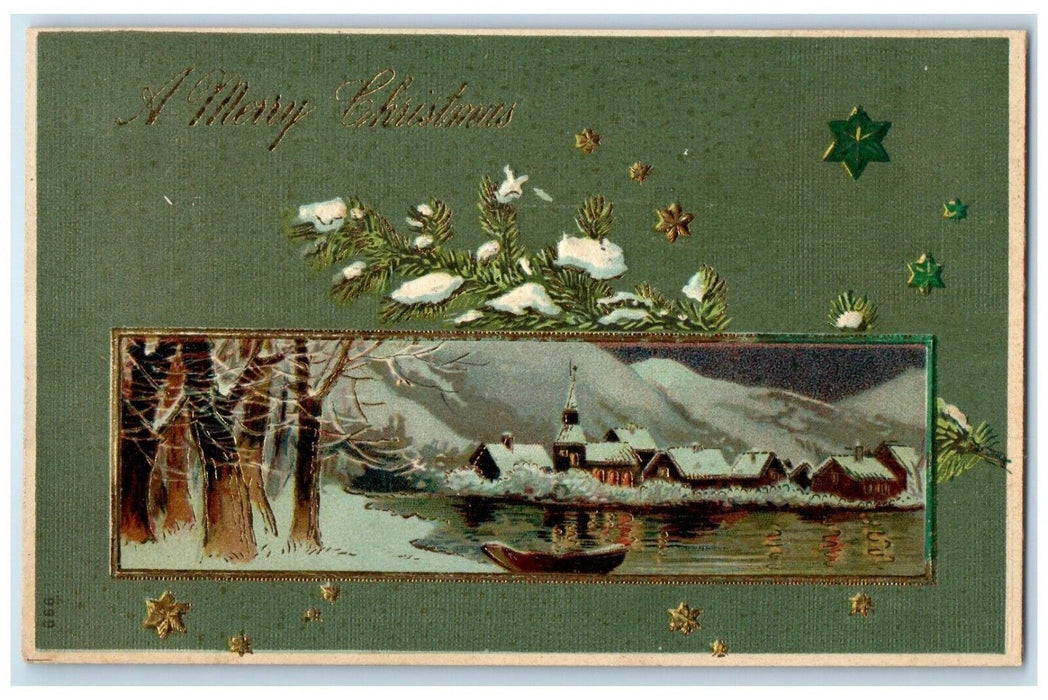 c1910's Christmas House Church Boat Winter Embossed Brooklyn NY Antique Postcard