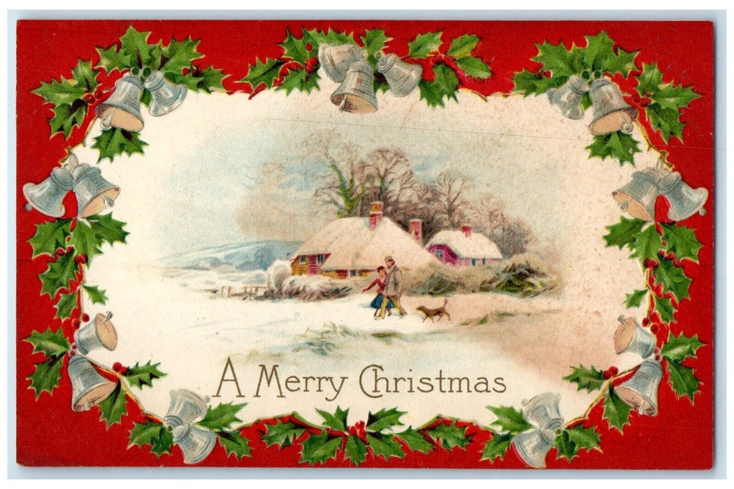 c1910's Merry Christmas Ringing Bells Dog Winter Winsch Back Embossed Postcard