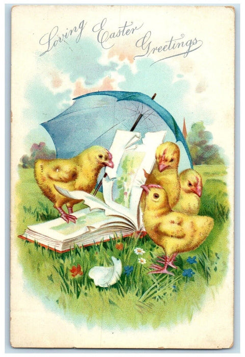 c1910's Easter Greetings Chicks Book Umbrella Hatched Egg Tuck's Posted Postcard