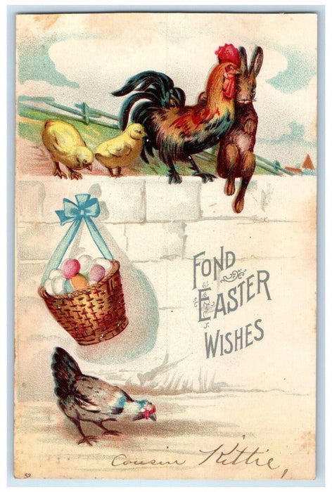 1907 Easter Wishes Chicken Rooster Chick Hanging Basket Egg Clapsaddle Postcard