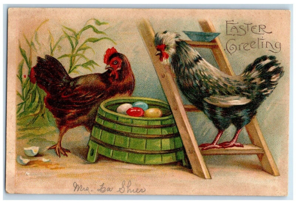 c1910's Easter Greeting Rooster Chicken Eggs Embossed Posted Antique Postcard