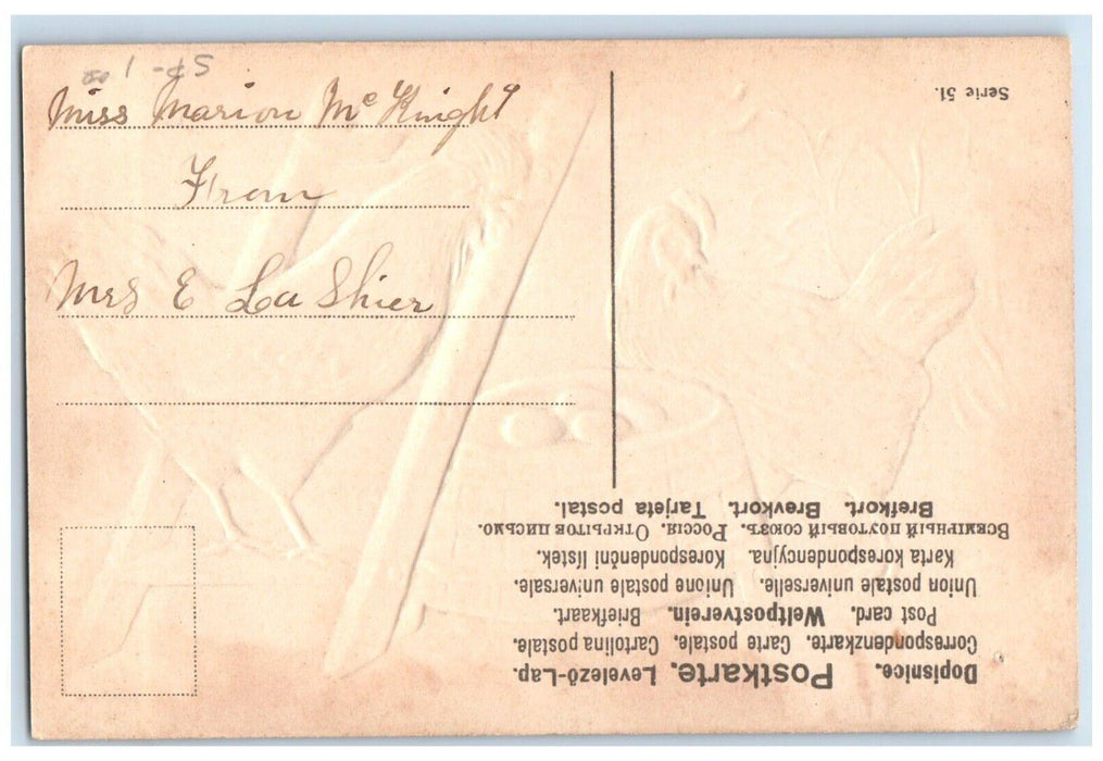 c1910's Easter Greeting Rooster Chicken Eggs Embossed Posted Antique Postcard