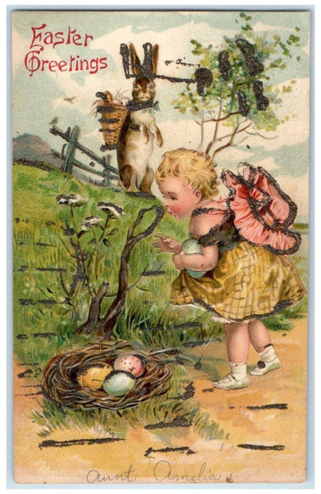 Easter Greetings Girl Rabbit Basket Eggs Embossed Posted Antique Postcard