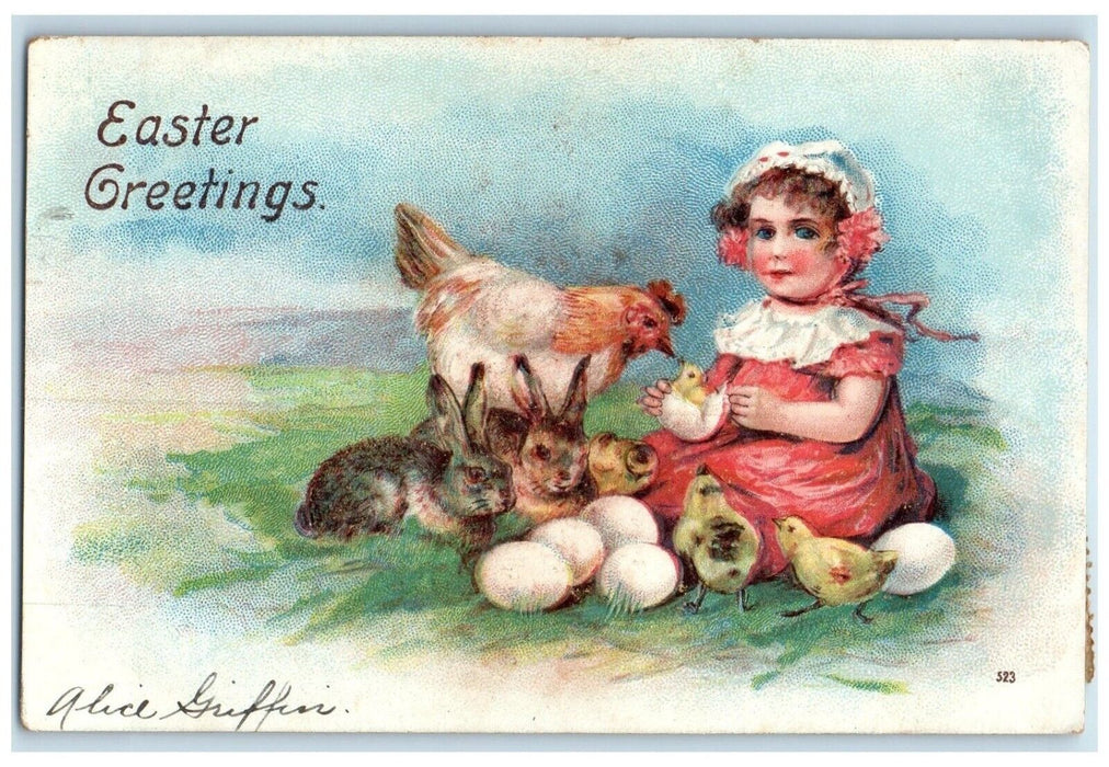 1907 Easter Greetings Little Girl Rabbit Chicken Hen Hatched Eggs Chick Postcard