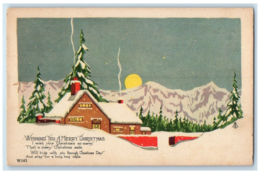 c1910's Merry Christmas House Winter Pine Trees Moon Scene Antique Postcard