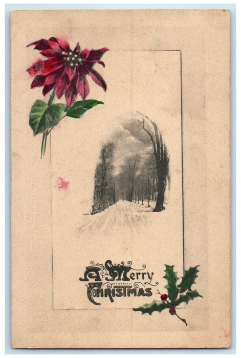 1914 Merry Christmas Winter Scene Poinsettia Flowers Des Plaines IL Postcard