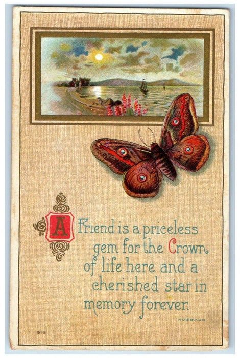 1914 Beach Scene Moon Butterfly Embossed Greenwood Indiana IN Antique Postcard