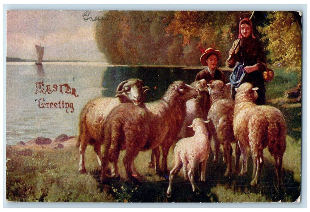 c1905 Easter Greetings Lamb Lake Scene Sailboat Rensselaer IN Antique Postcard