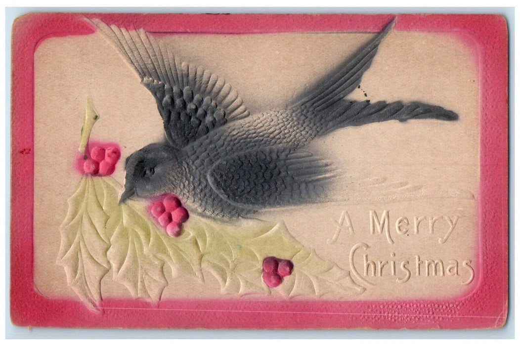 c1910's Merry Christmas Bird Holly Berries Airbrushed Embossed Antique Postcard