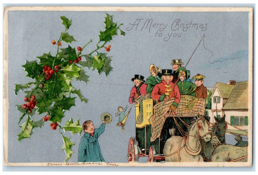 1907 Merry Christmas Holly Berries Horse Carriage Nash Camden NY Posted Postcard