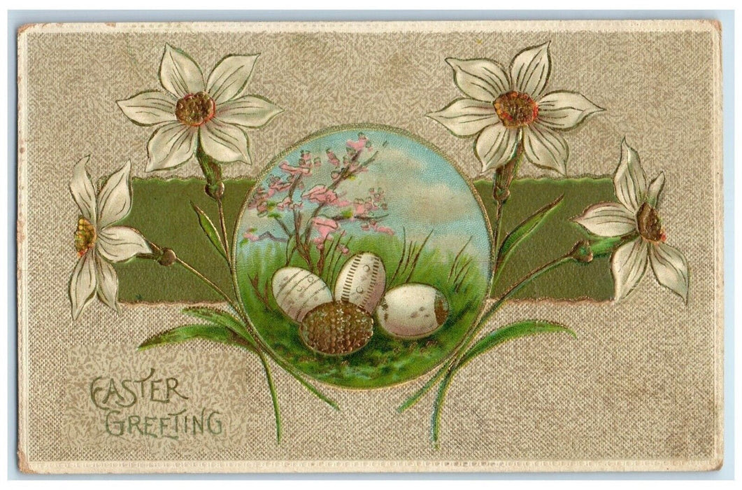 1909 Easter Greetings Flowers And Eggs Embossed Watertown New York NY Postcard