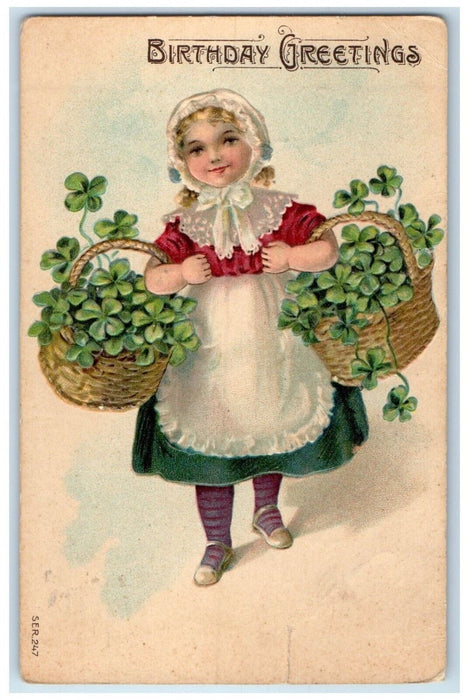 Christmas Greetings Girl With Basket Of Shamrocks Embossed Antique Postcard