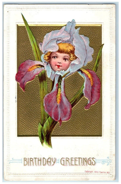 1910 Birthday Greetings Cute Little Girl Head In Flower Liberty Town MD Postcard