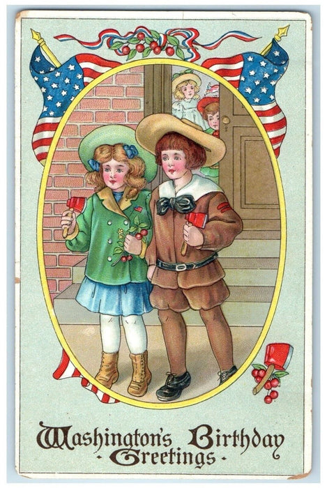 Washington Birthday Greetings Children Small Hatchet Berries Embossed Postcard