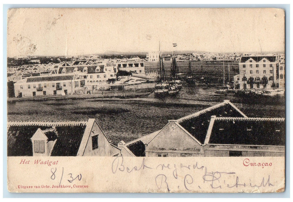 1903 View of Buildings Ships The Waaigat Curacao Posted Antique Postcard