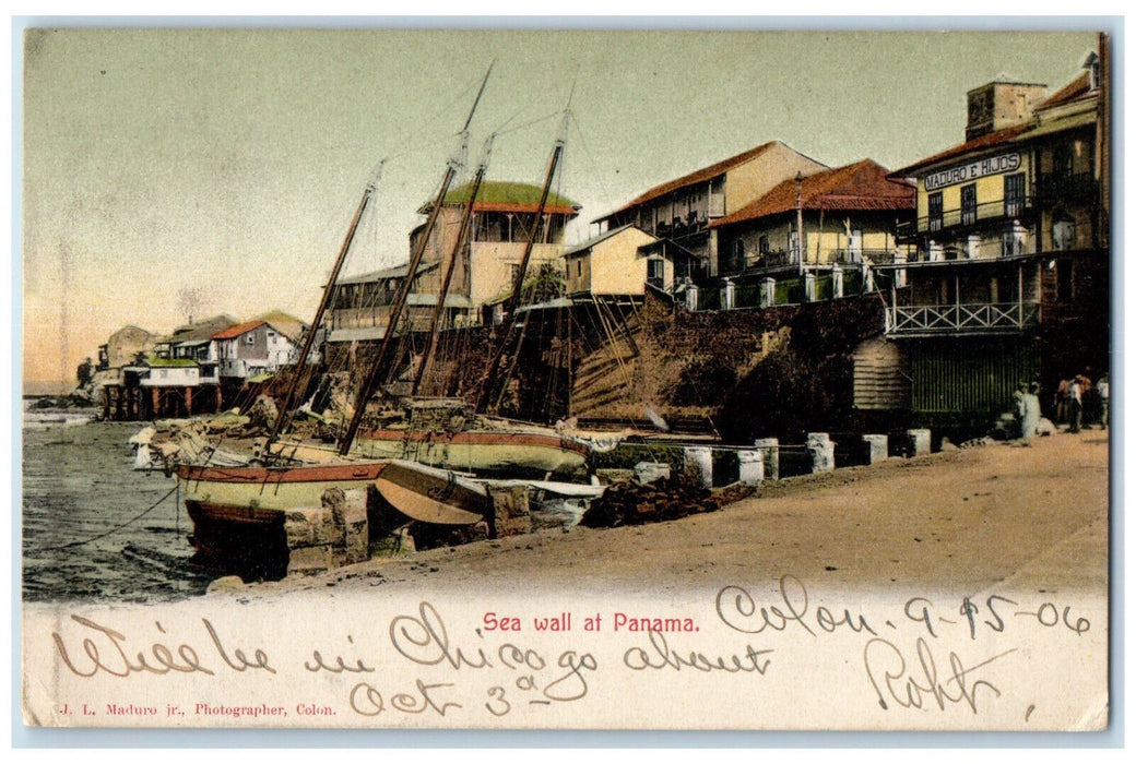 1906 Schooner Boats Buildings Sea Wall at Panama Posted Antique Postcard
