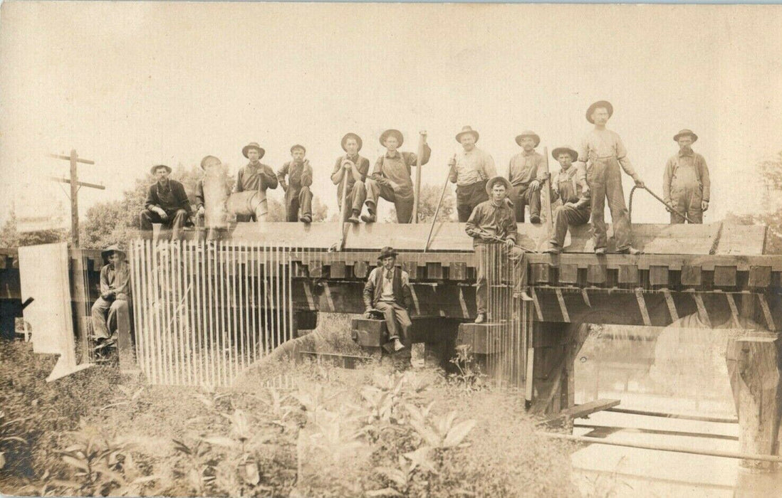 c1910 Workers Building Railroad Bridge RPPC Photo Double Exposure Postcard