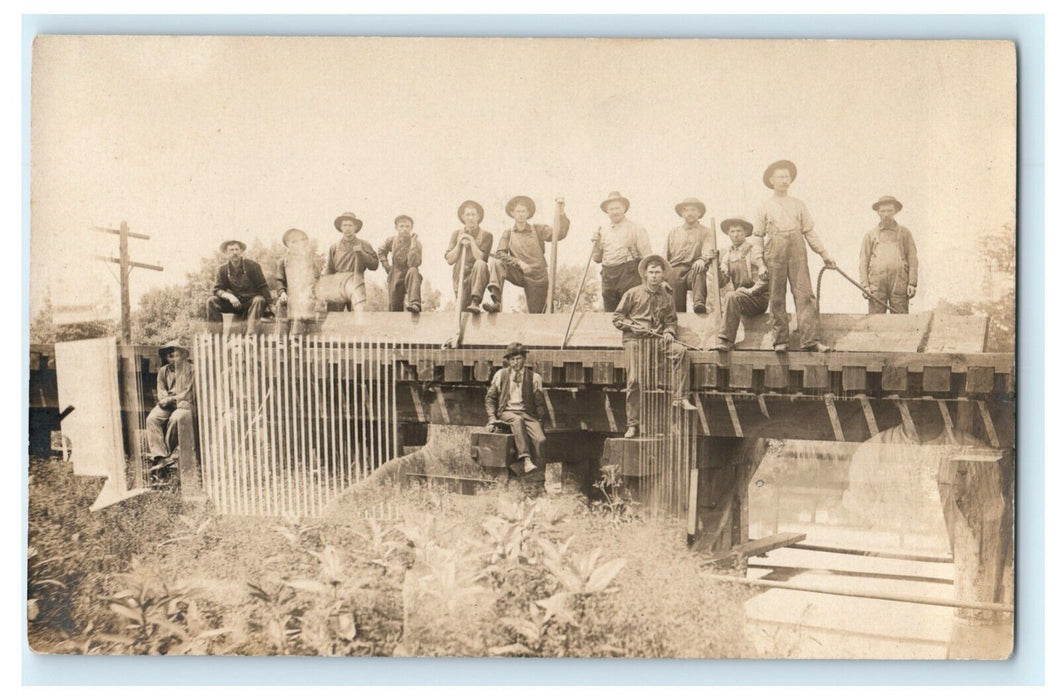 c1910 Workers Building Railroad Bridge RPPC Photo Double Exposure Postcard