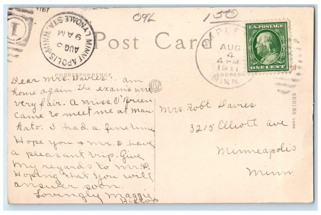 1911 Pretty Woman Curly Hair Lily Flowers Minneapolis Indiana IN Posted Postcard