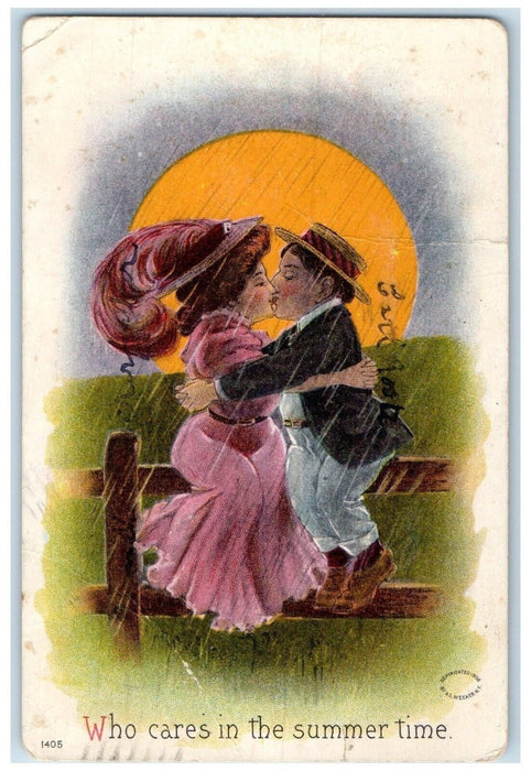 1908 Sweet Couple Kissing Romance Raining Moon View Owego NY Antique Postcard