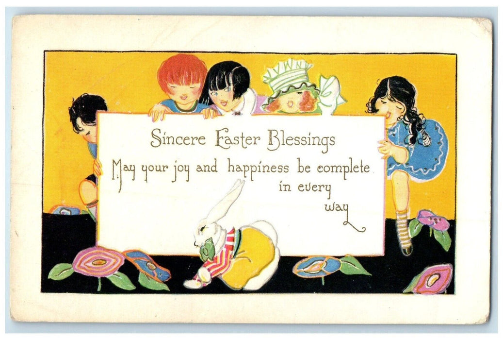 c1910's Sincere Easter Blessings Children Rabbit Embossed Antique Postcard
