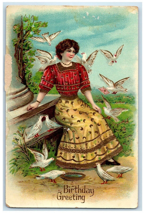 c1910's Birthday Greeting Pretty Woman Dove Gel Gold Gilt Embossed Postcard