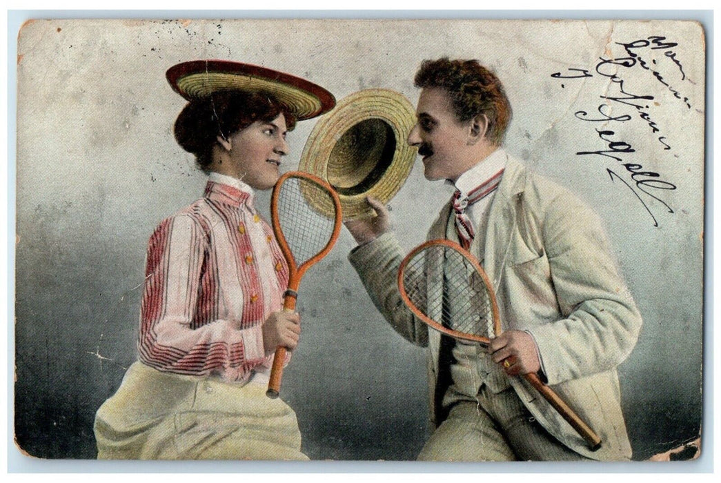 c1910's Sweet Couple Romance Tennis Sports Hat Posted Antique Postcard