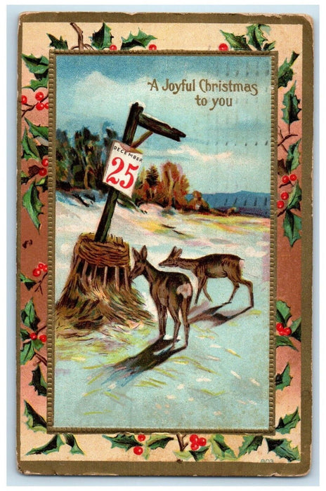 1909 Christmas Calendar Deer Berries Winter Embossed Long Island NY Postcard
