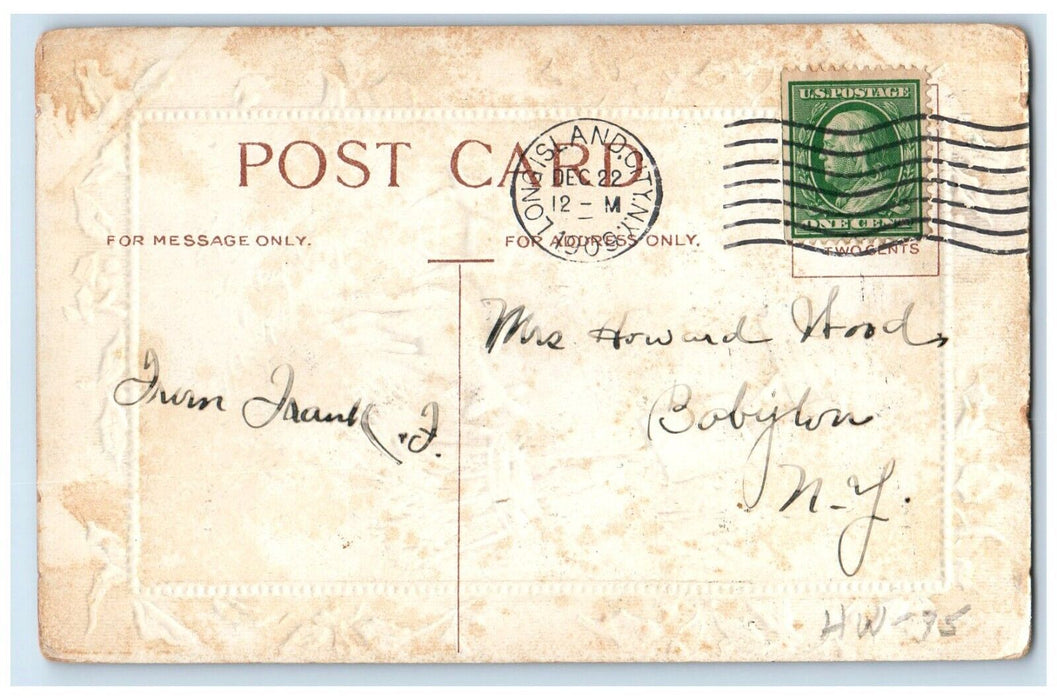 1909 Christmas Calendar Deer Berries Winter Embossed Long Island NY Postcard