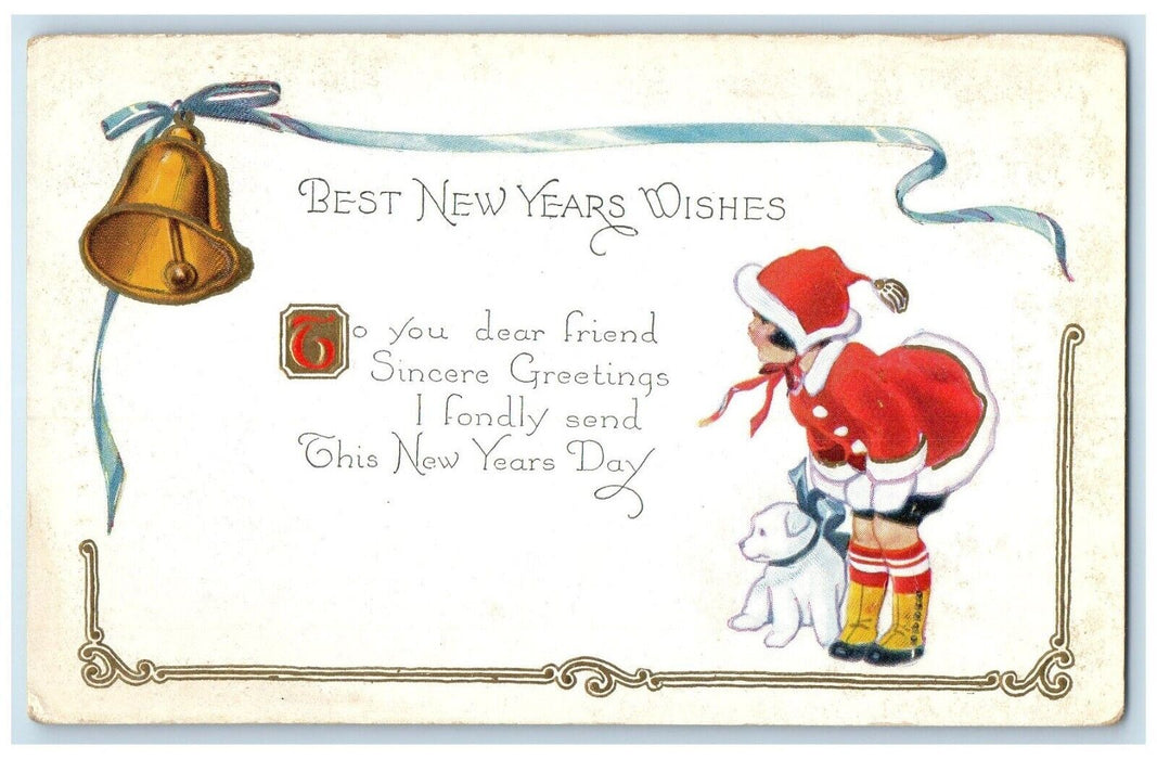 c910's New Year Wishes Ringing Bells Girl Santa Dog Embossed Antique Postcard