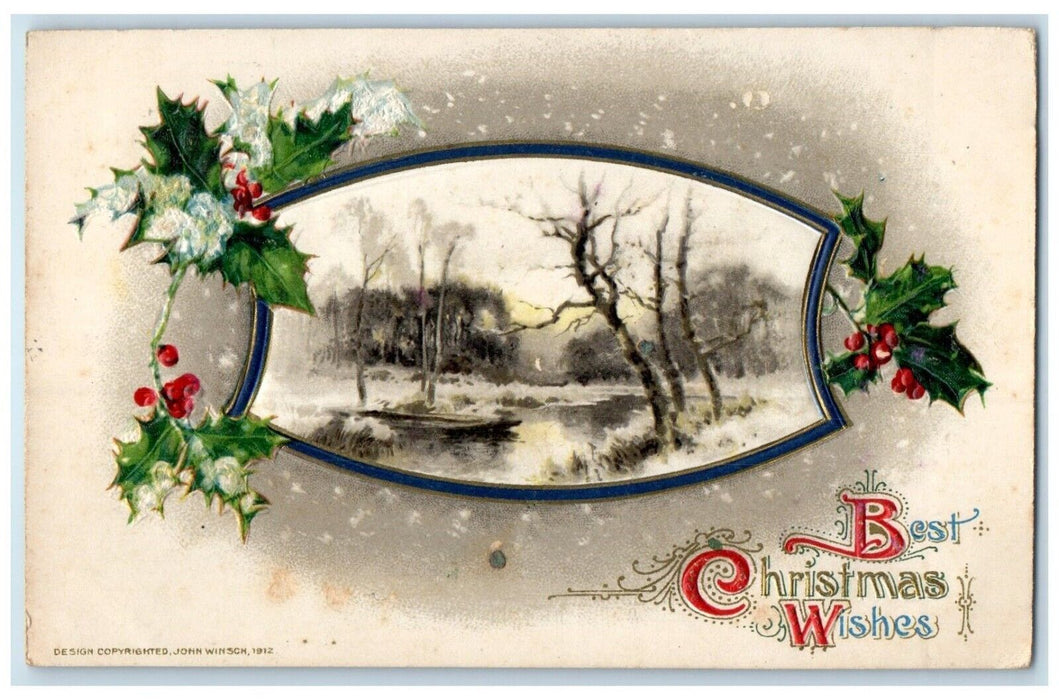 1912 Christmas Wishes Holly Berries John Winsch Artist Signed Embossed Postcard