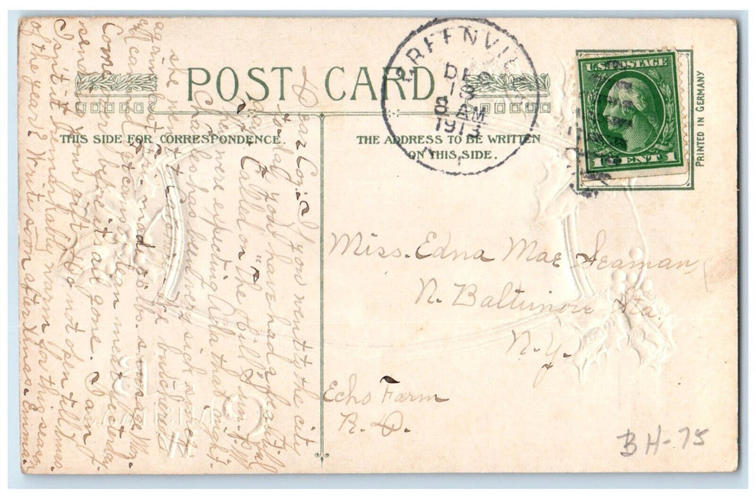 1912 Christmas Wishes Holly Berries John Winsch Artist Signed Embossed Postcard