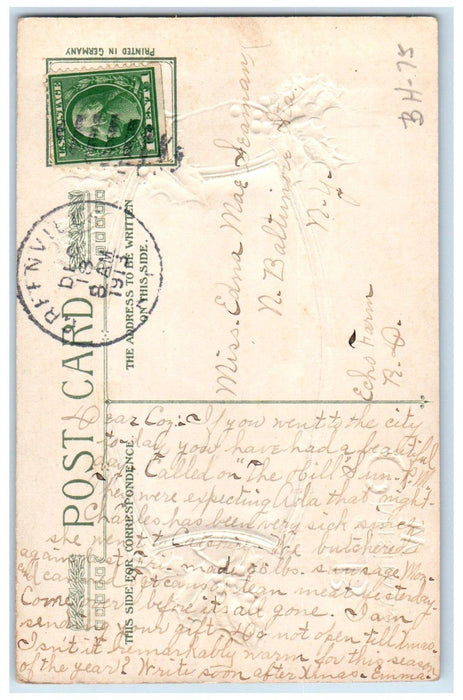 1912 Christmas Wishes Holly Berries John Winsch Artist Signed Embossed Postcard