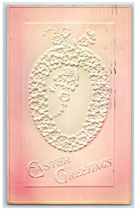 1909 Easter Greetings Pansies Flowers Egg Airbrushed Embossed Antique Postcard