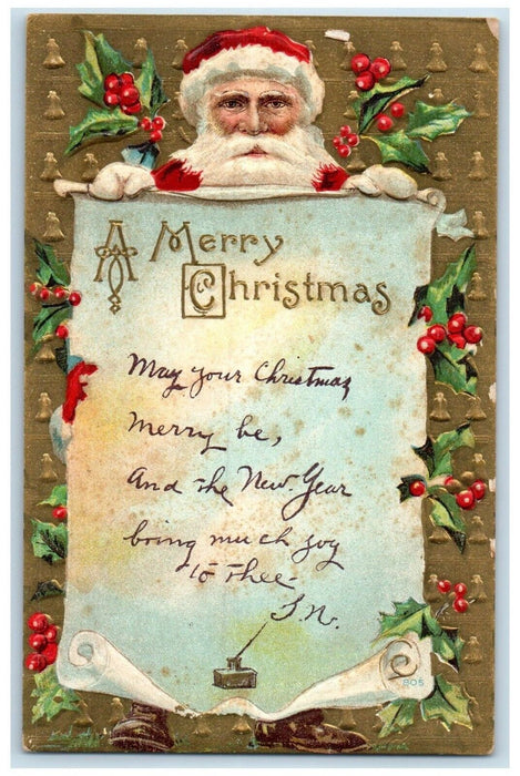 c1910's Christmas Santa Claus Holly Berries New Haven Connecticut CT Postcard