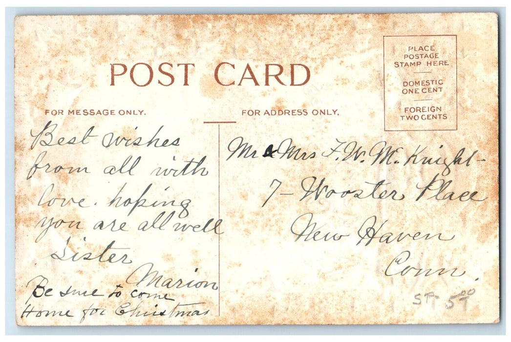 c1910's Christmas Santa Claus Holly Berries New Haven Connecticut CT Postcard