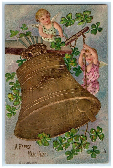 1908 New Year Ringing Bells Shamrocks Embossed Brooklyn New York NY Postcard