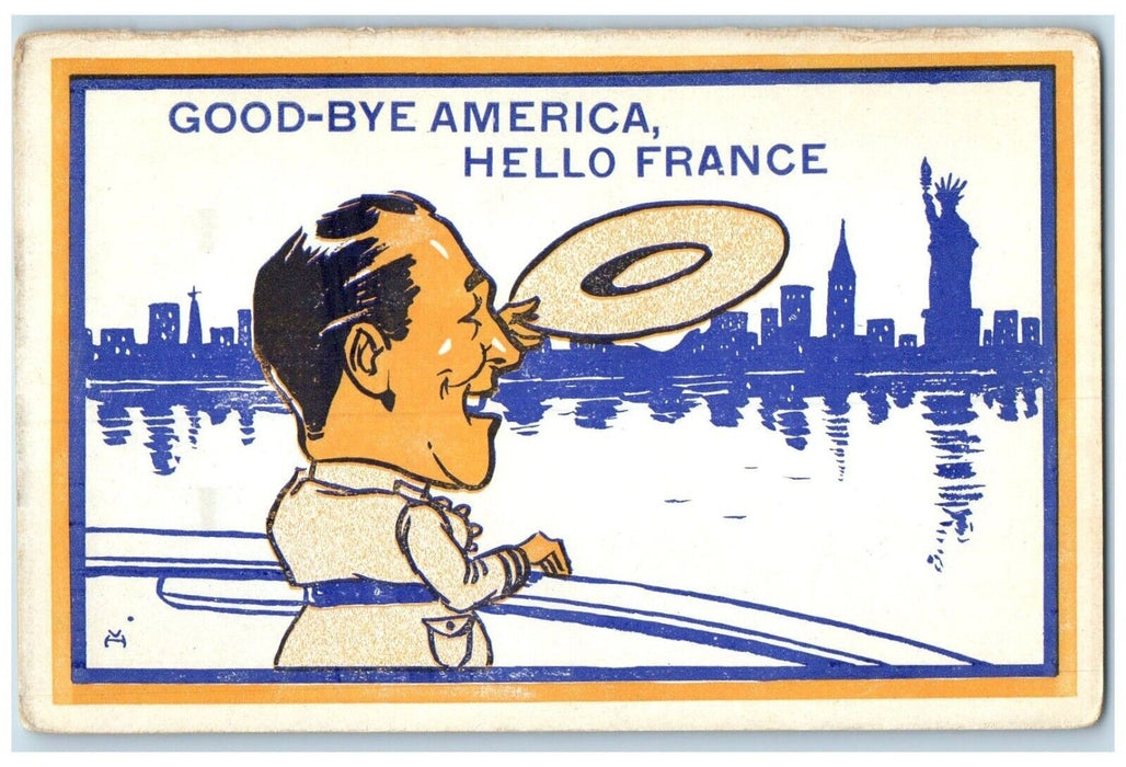 c1910's Man Caricature Good Bye America Hello France Unposted Antique Postcard