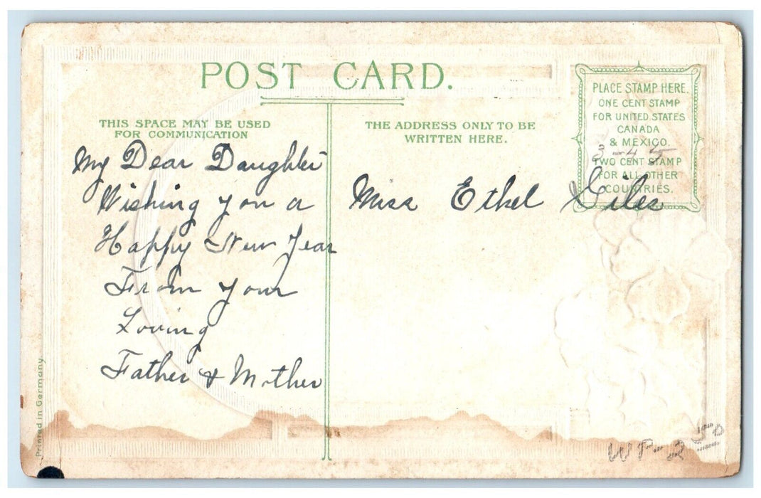 c1910's New Year Victorian Pretty Woman Flower Embossed Posted Antique Postcard