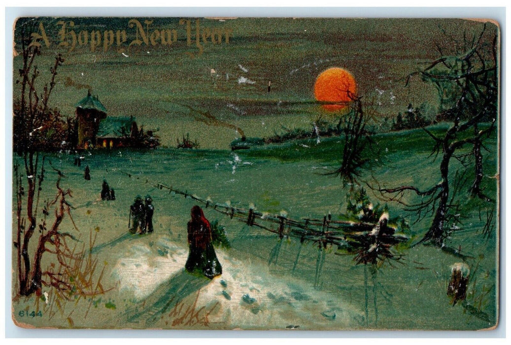 1914 Happy New Year People Walking In Winter Full Moon Scene Antique Postcard