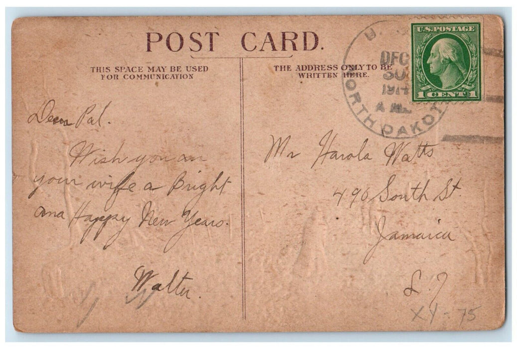 1914 Happy New Year People Walking In Winter Full Moon Scene Antique Postcard